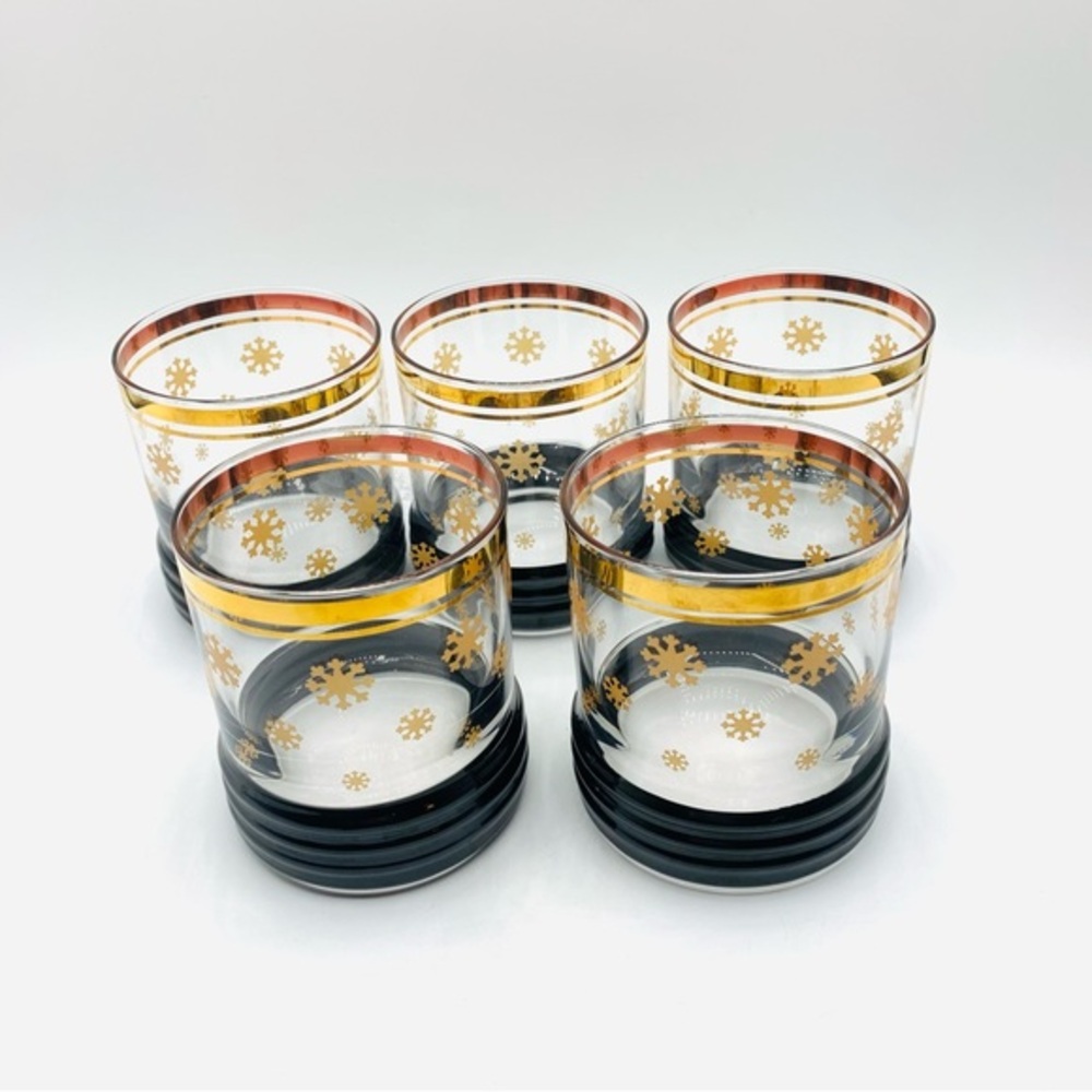 Vtg Sakura Sango Gold Snowflake Lowball Rock Glass Set Black Band Sue Zipkin MCM